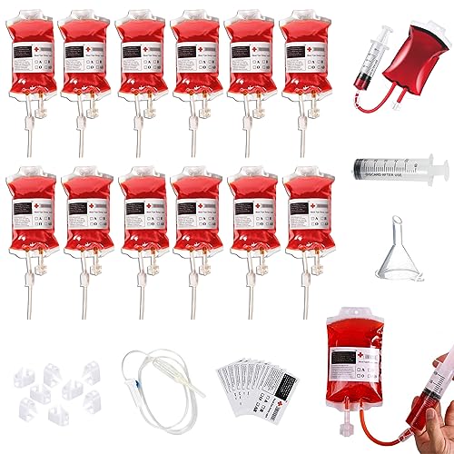 12 Bolsas de Sangre y Bebidas Reutilizables de Halloween, 350 ml con Jeringuilla y Tubo de Infusión