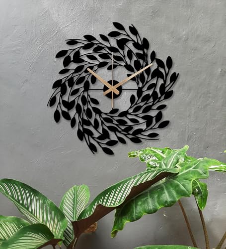 Image of Metal Wall Clock for Living Room, Bedroom, Office, Kitchen, Home and Hall, Stylish Designer Big Size Modern Wall Watch for Home Decor Black (Leaves, 50 CMS)