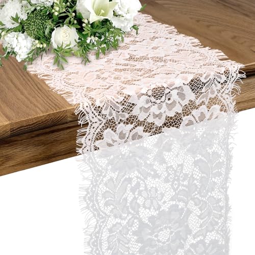Fowecelt 10 Pcs White Lace Table Runner 11 x 120 Inch Embroidered Boho Table Runner for Wedding Bridal Shower Baby Shower Party Table Decoration Rustic Rose Embroidered Boho White Lace Runners