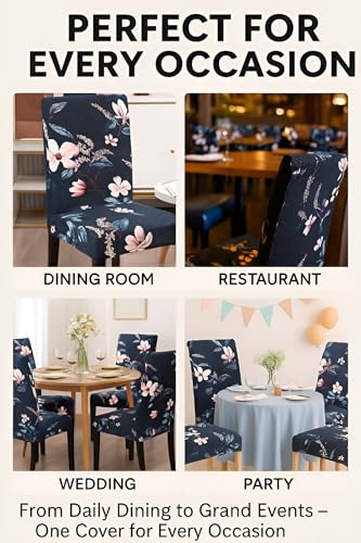 Image of Stretchable Dining Chair Cover - Washable, Removable, Anti-Slip, Protector, Universal Fit (Set of 4, Blue Floral)
