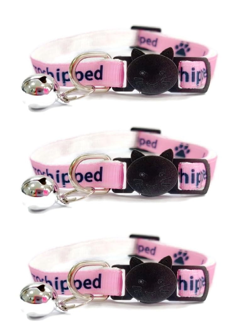 Worded Cat Collars with Bell - Please Do Not Feed Me, I Am Microchipped, 3. Pink, I Am Microchipped, Pack of 3