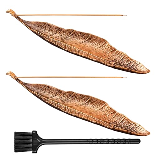 ikBrtaiay 2 Pièces de Bronze Porte-Encens Feuilles de Métal, Brosse Incluse Support Encens d’Encens Métallique Brûleur d’Encens en Feuille pour Maison Bureau Yoga Méditation