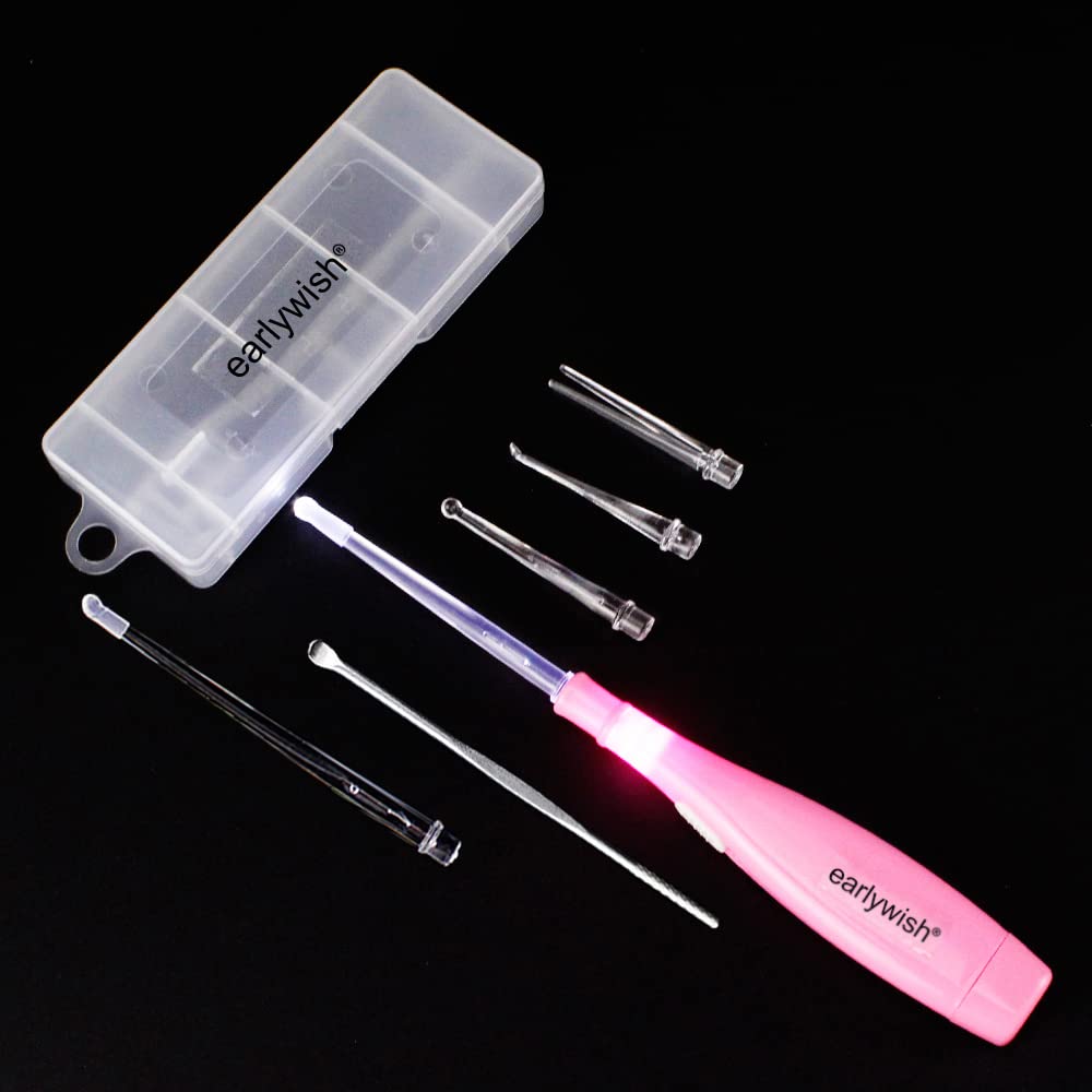 Earlywish Upgraded 6.75" Long LED Tonsil Stone Remover Lighted Tonsillolith Pick Tonsil Stone Removal Kit with 5 Tips, Pink Handle with LED Light