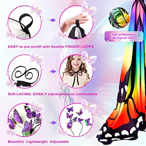 plainshe Butterfly Wings for Girls, Double-Sided Fairy Wing, Kids Butterfly Costume for Halloween, 3PCS Butterfly Cape Set