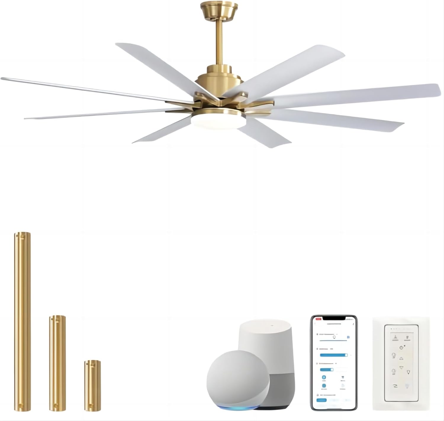 Sofucor 66 Inch Smart Ceiling Fan with Light and Remote/APP/Voice Control Work with Alexa Google, Low Profile White Gold Ceiling Fan with 3 Downrod for Indoor Outdoor Living Room Farmhouse Patio Sofucor 66 Inch Smart Ceiling Fan with Light and Remote/APP/Voice Control Work with Alexa Google, Low Profile White Gold Ceiling Fan with 3 Downrod for Indoor Outdoor Living Room Farmhouse Patio