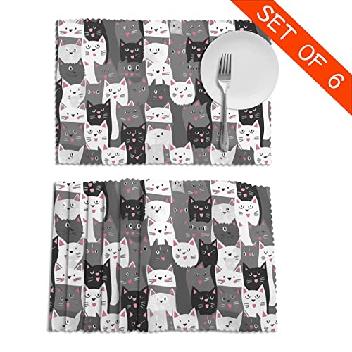 Cartoon Gray Hipster Cat Kitten Placemats Set Of 6 Heat-Resistant Washable Table Non-Slip Place Mat For Dining Table 12 X 18 Inches #TOP2