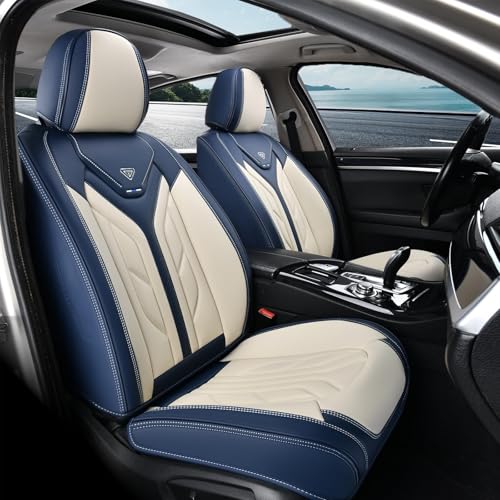 Image of Coverado Car Seat Covers Full Set, Leather Seat Covers for Cars, Automotive Seat Covers Car Seat Protectors Car Accessories Universal Fit for Most Sedans SUV Pick-up Truck(Blue&Beige)
