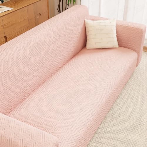 Image of Lukzer 5 Seater Pastel Pink Grid Maze Pattern Sofa Cover | 240 GSM Universal Stretch Fit 3+1+1 Jacquard Fabric Couch Protector | Fully Covered Anti Slip & Washable Sofa Cover (SC-108-05)