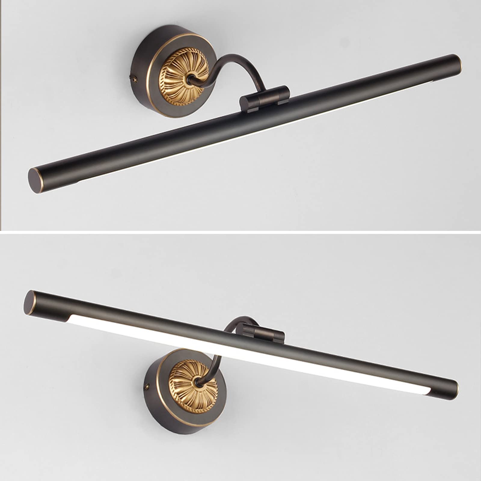 Lampa łazienkowa LED w stylu vintage z mosiądzu, czarna lampa lustro łazienkowe retro, regulowane ramię, światło neutralne 4000K, złota łazienka kinkiet ścienny, wodoodporny kinkiet IP44, oświetlenie