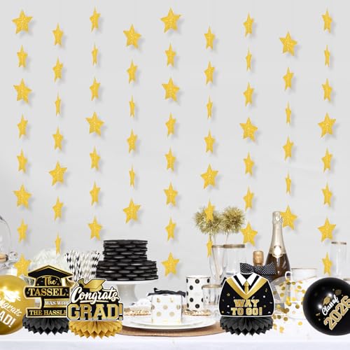Image of Gold Glitter Star Garland Banner Streamers - 2.76 Inch 52 FT 4 Strands Paper - Golden Garland for Graduation Birthday Baby Shower Christmas Party Decorations