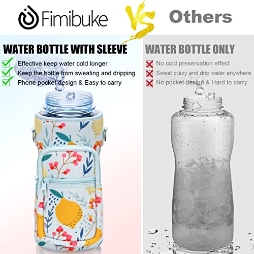Fimibuke Half Gallon Water Bottle With Sleeve 64 Oz Water Bottle With Straw & Time Marker To Drink Leakproof Motivational Water Jug With Insulated Holder Workout Gym Sport (Lemon) #TOP3