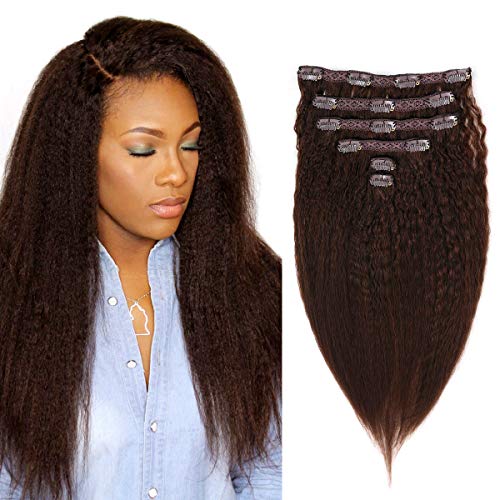 Kinky Straight Clip in Human Hair Extensions Clip ins 100% Remy Hair for Black Women Yaki Straight Clip ins Real Human Hair 70Gram / 6Pcs (18 inch, 4#)