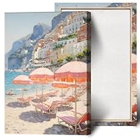 Vintage Pink Beach Umbrella Posters Summer Beach Canvas Wall Art Amalfi Coast Italy Landscape Minimalist Preppy Prints Painting For Home Bedroom Dorm Wall Decor 24x36in Framed