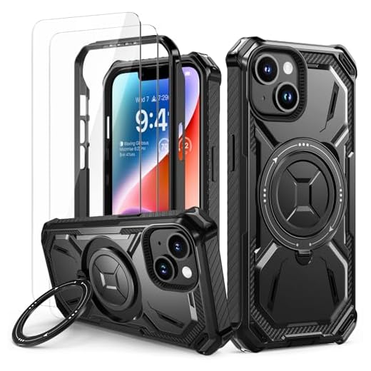 Lanhiem Coque pour iPhone 13, Coque pour iPhone 14 avec 2 Verre Trempé, Antichoc Étui de Militaire Protection, Anneau Support Renforcée Armure Etui pour iPhone 13/14 Housse, Noir