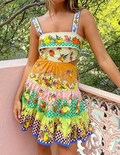 Image of NUFIWI Women Boho Graffiti Cami Mini Dress Spaghetti Strap Printed A Line Short Dress Backless Cut Out Colorful Sundress