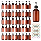 Mcupper 46 Pack Amber Plastic Bottles with Pump Dispenser, 8 oz Plastic Pump Bottle Dispenser, Shampoo Bottles Refillable with Pump, Soap Dispenser, Refillable Containers for Lotion, Essential Oil