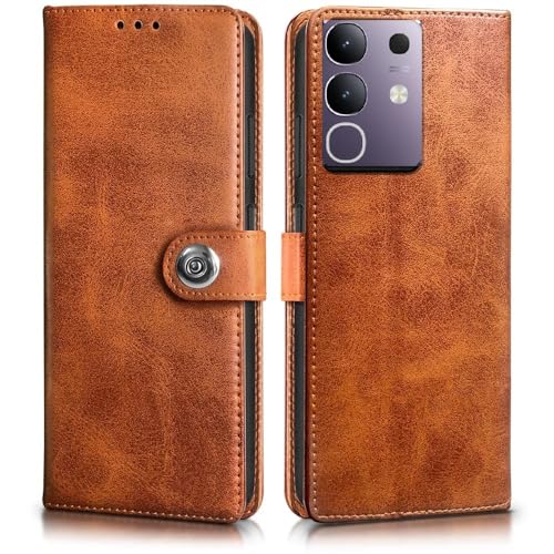 Image of Genuine Leather Inside Back TPU Wallet Button | Magnetic Stand Dual Layer Flip Cover for Compatible Model with Vivo V2437 / Vivo T4x 5G - Brown