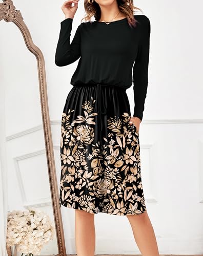 Image of Simier Fariry Women Fall Long Sleeve Pocket Casual Midi Knee Dress Gold Floral Black XXL