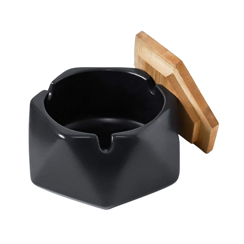 Simple Geometric Ceramic Ashtray with Lid, Black.