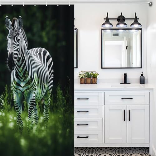Rideau douche lavable machine motif zèbre 48x72Inch en tissu anti-moisissure avec crochets