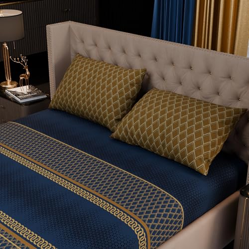 Image of Stoa Paris 100% Bamboo Cotton King Size Fitted Bedsheet with 2 Pillow Covers, 200TC Printed Bed Set, Breathable, All-Season Comfort, Home Decor, Imperial Grandeur - Indigo Arcadia (182cmx198cm+30cm)