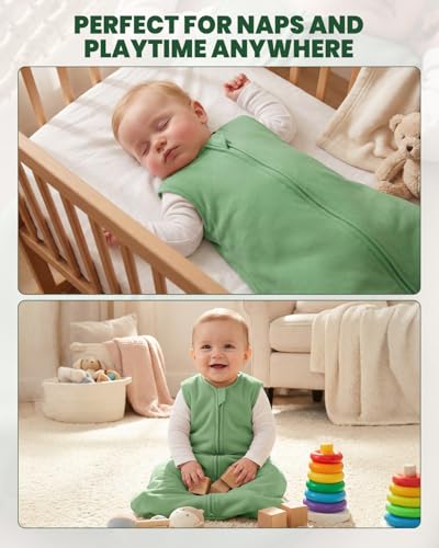 WYTbaby Baby Schlafsack 1,5 Tog 2er Pack, 100% Baumwolle Warmer Ganzjahres Babyschlafsack Grüner Fuchs 0–6 Monate