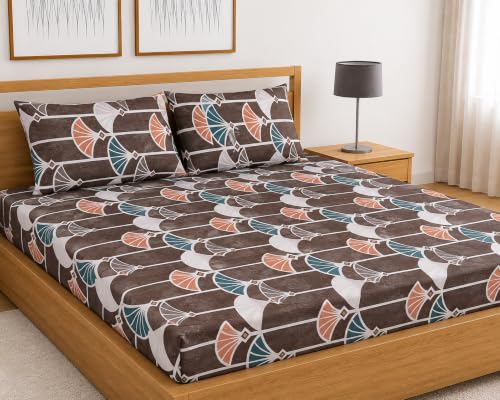 Image of Fitted Bedsheet Brown Multicolor Geometric Fan Print Glace Cotton 210 TC |Queen Size for Double Bed Fits 5 x 6.5 ft Mattress (60 x 78 Inch) | All Around Elastic | 2 Pillow Covers | 10 Inch Deep Pocket