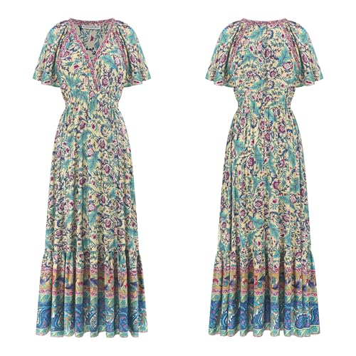 Image of R.Vivimos Women's Summer V Neck Maxi Dress Boho Floral Print Short Sleeve Elastic Waist Ruffle Patchwork A-Line Beach Dress