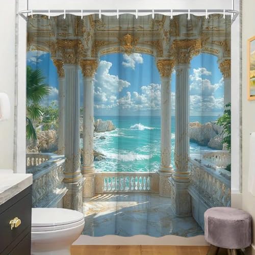 LMYCHENG Elegante Cortina de Ducha de mármol para Patio, con Vista al mar Turquesa, poliéster, con Ganchos, Gran decoración Impermeable para baño, 182 x 198 cm (72 x 78 Pulgadas)