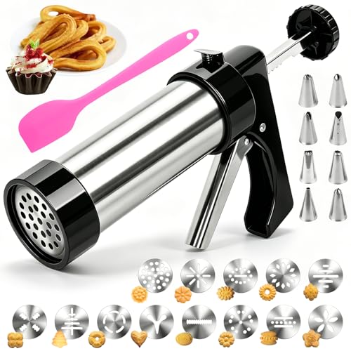 YIYICO Churreras para Churros Prensa de Galletas Biscuit Maker Maquina para Hacer Churros Pistola de Repostería de Acero Inoxidable Maquina de Galletas Churrera Manual con 13 Plantillas y 8 Boquillas