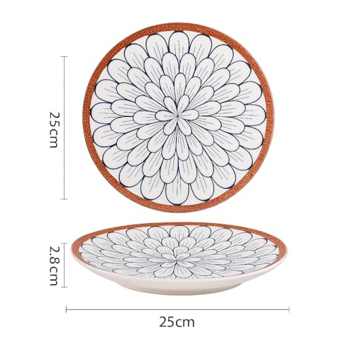 Image of YELONA Japanese Style Ceramic Dinnerware Set of 4 (2 Bowls + 2 Plates) | 11.5cm Bowls (300ml), 20.5cm Plates - Floral Design | Microwave & Dishwasher Safe | Rustic Modern Kitchen Crockery