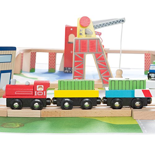Wooden Train Set With Play Mat For Kids - Includes Deluxe Wood Tracks, Train Cars, Boats, Accessories For Boys And Girls By Hey! Play! #TOP6