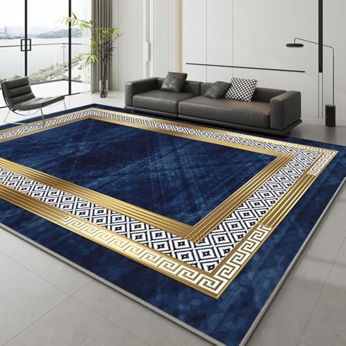 Bycmuoz Geometric Pattern Area Rug, 5x7ft, Contemporary Minimalist Blue Gold Marble Bedroom Carpet, Luxury Nordic Lines Non-Skid Carpets, Thin No-Crease Breathable Mat for Floor Bedside