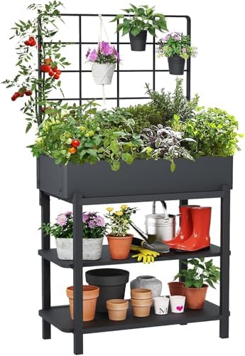 FOYUEE Elevated Planter Box with Trellis Raised Garden Bed with Legs Outdoor Standing Flower Beds for Patio Vegetable Herb