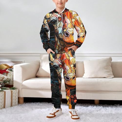 Boy's Girl's Hooded Tracksuit Pullover Sweatshirt Jogging Pants Sweatsuit, Giraffe Stained Glass Art3