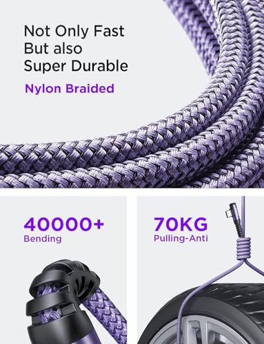 Image of AINOPE 240W Long USB C Cable Multi 4 in 1 Charging Cable Fast Charging C Type Charger Fast Charge USB to USB C,Right Angle Fit iPhone 16 15 Pro Max iPad Samsung 10FT Purple