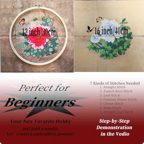 Image of FONNUY 2 Set Ribbon Embroidery 3D Flowers Pattern Design Kit Embroidery DIY Handwork Set Home Decoration, Easy to Follow Needlework, 12''