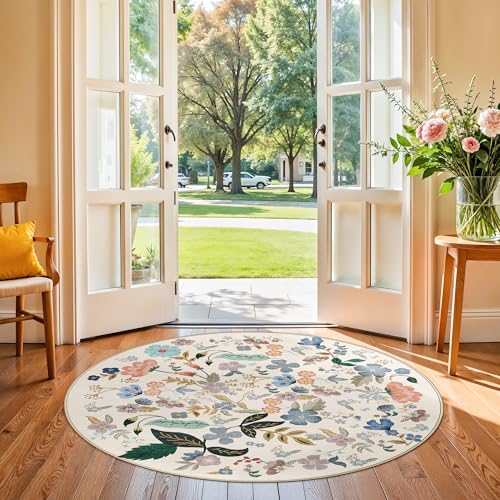 Washable Floral Round Rugs for Bedroom - 4x4 Feet Circle Area Rugs for Living Room Nursery Non-Slip Stain Resistant Ultra Soft Carpet for Teen Girls and Boys Dorms Home Decor Aesthetic(4ft,Cream)