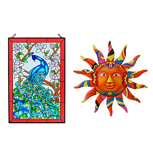 Vewogarden W10 Xh15 Peacock Art Glass Suncatcher Hand Painted Stained Glass Panel + Colorful 12.7 Inches Metal Sun Wall Art Decor Hanging #TOP30