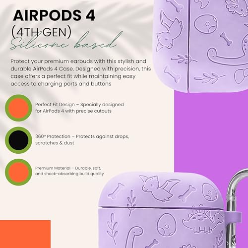 Image of Emoh Roced Case for Airpod 4 with Keychain,Silicone Dinosaur Engraved Cases Compatible with Apple AirPods 4th Generation 2024, Anti-Scratch, Protective Case Cover (Lavender, for AirPods 4)