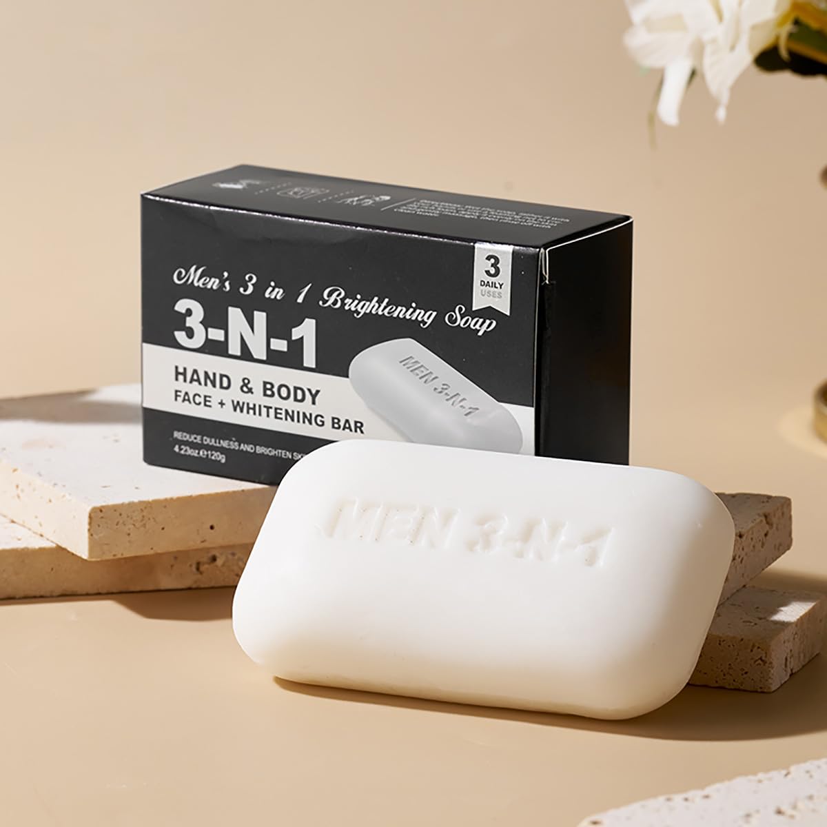 3 in 1 Men's Bar Soap, Natural Herb-Infused Scent, Moisture-Rich pH Balanced Cleanser for Face Body Hand, Hypoallergenic Vegan Whitening Soap for All Skin Types(4.23oz, 3-Pack)