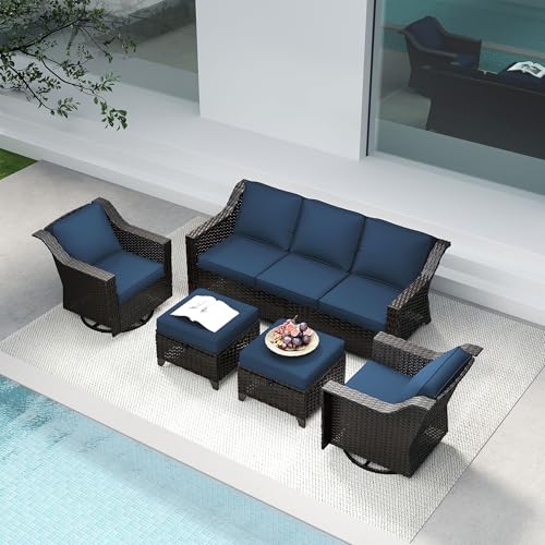 Image of 5 Piece Patio Furniture Set, Wicker Outdoor Conversation Set | Patio Chair Set with Olefin Removable Cushion, All-Weather Outdoor Couch with Deep Seat for Porch, Deck and Backyard, Blue