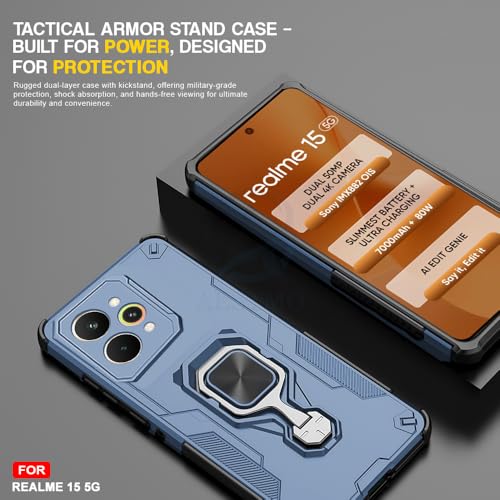 Image of AESTMO Armor Back Cover for Realme 15 5G / 15 Pro 5G | Ring Holder & Kickstand & Camera Protection in-Built | 360 Degree Protection Back Case Cover (Blue)