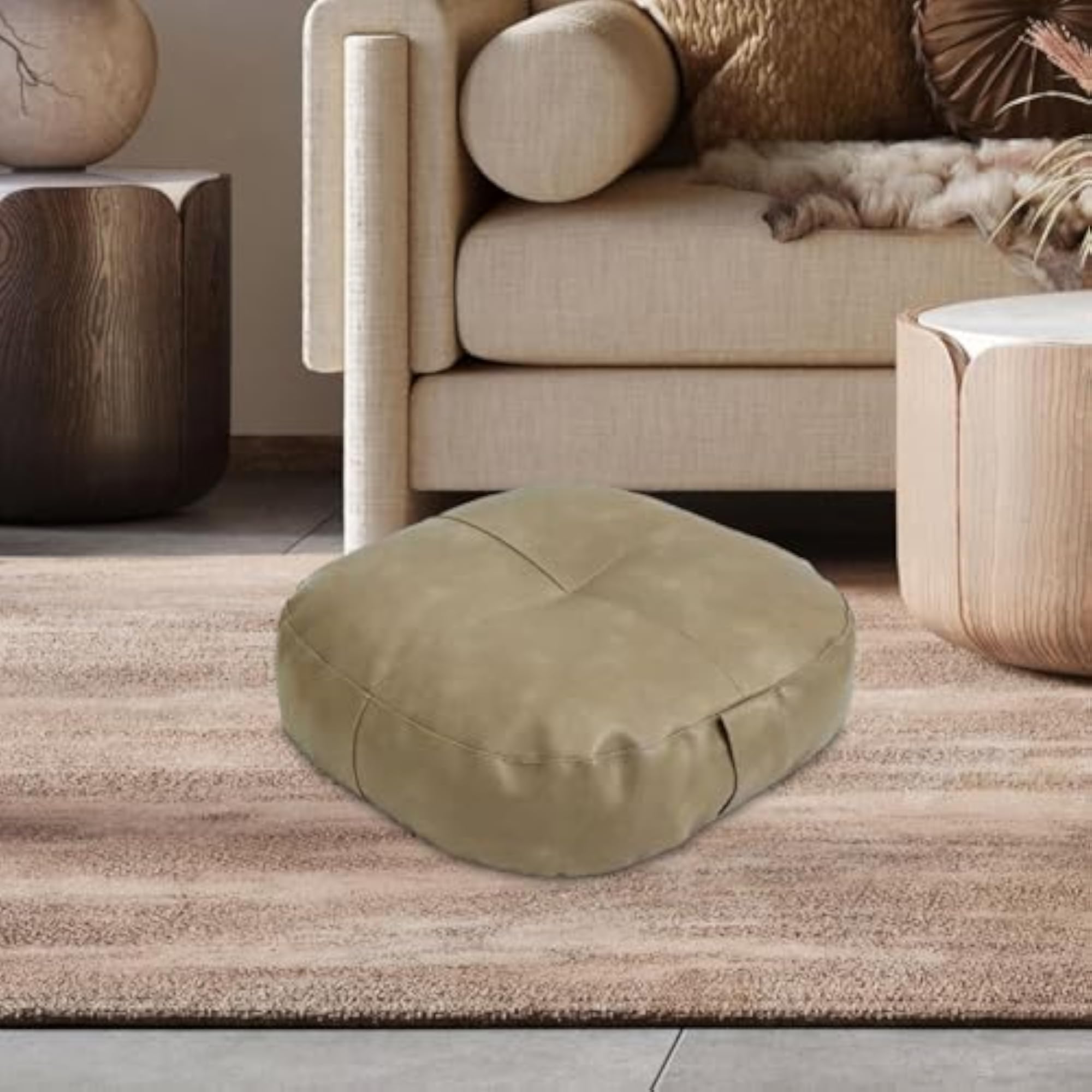 Round Floor Decorative Ottoman Pouf for Balcony, Light Khaki