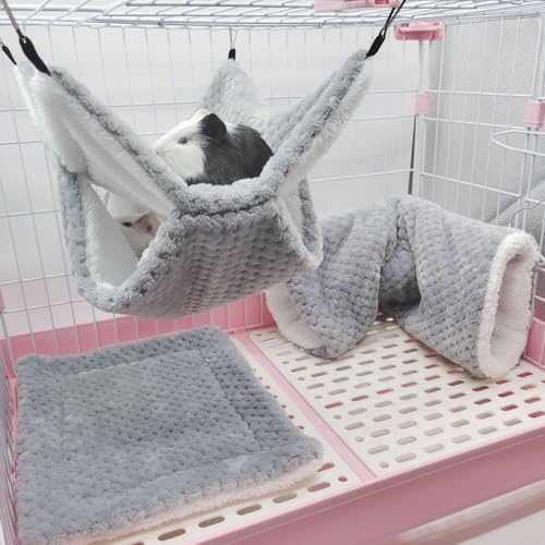 bangminda Small Animal Hammock Ferret Hammocks Hammock and Tunnel Hanging for Rat Hamster Plush Cushion for Small Animals Squirrel Bunnies Bed for Small Animal (Grey)