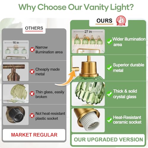 Image of 4-Light Bathroom Light Fixtures, 27 inch Brushed Gold Vanity Lights for Bathroom with Ribbed Green Tulip Glass Shade, Vintage Bathroom Vanity Lighting Fixtures Over Mirror for Bedroom Living Room Hallway