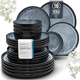 Steingut Geschirrset 4 Personen Ibiza 16-tlg - Hochwertiges Mediterranes Steingut Geschirr Set - Schüssel- und Teller Set - Tafelservice 4 Personen - Geschirrsets Pure Living Schwarz Rauchblau