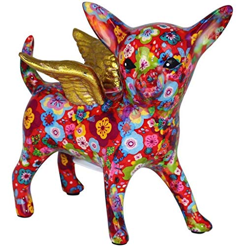 Pomme Pidou Chihuahua Nanou avec des Ailes | Tirelire en Céramique | Motif Rouges avec des Petites Fleurs | 17x8.5x18.5 centimètre