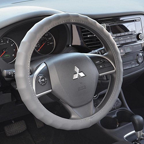 Image of BDK Genuine Leather Car Steering Wheel Cover 15 inch-16 inch (Large /Gray)