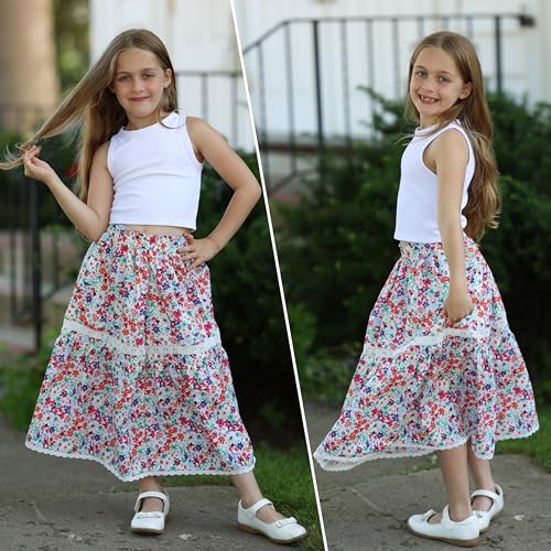 Faldas largas con estampado floral Rolanko para niñas con cintura alta y encaje 4